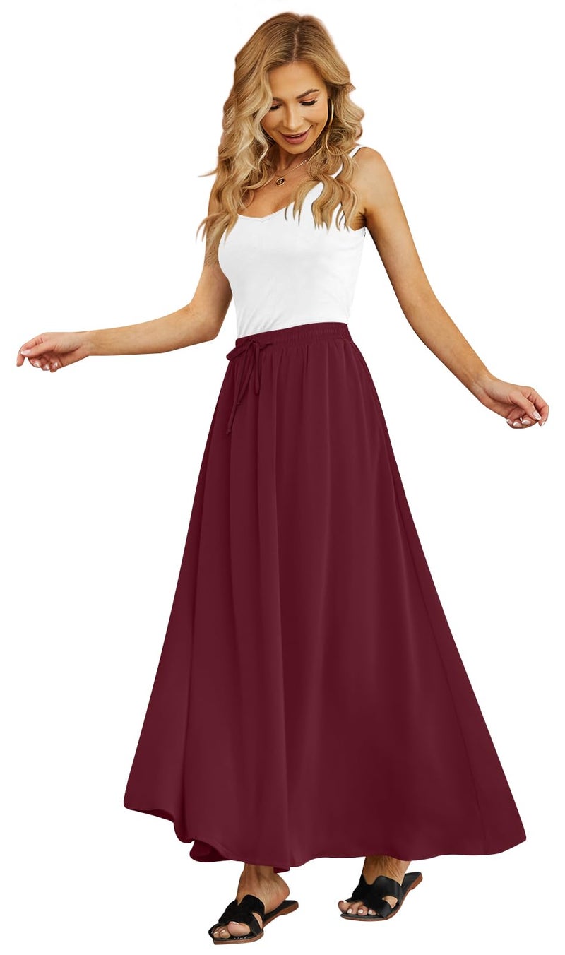 Yincro Women's Flowy Maxi Skirt Summer Pleated High Waisted Casual Long Skirts with Pockets (Wine Red, S) - Image 2