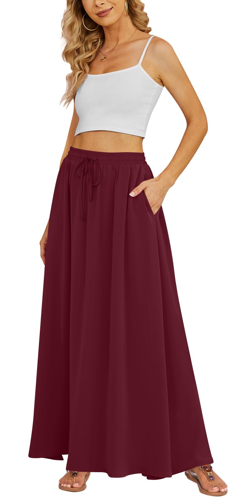 Yincro Women's Flowy Maxi Skirt Summer Pleated High Waisted Casual Long Skirts with Pockets (Wine Red, S) - Image 5