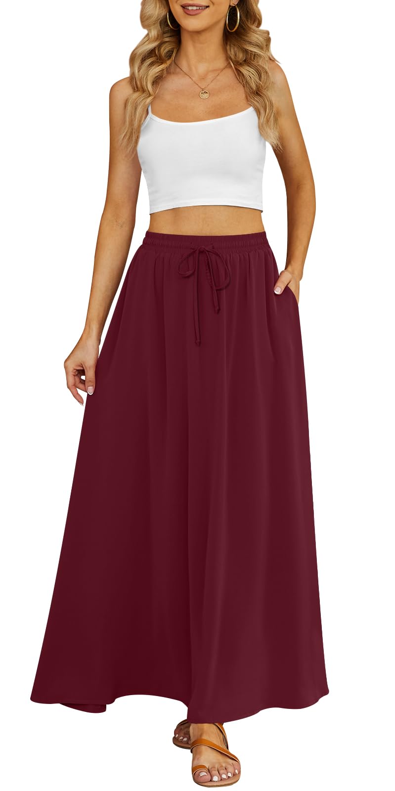 Yincro Women's Flowy Maxi Skirt Summer Pleated High Waisted Casual Long Skirts with Pockets (Wine Red, S) - Image 3
