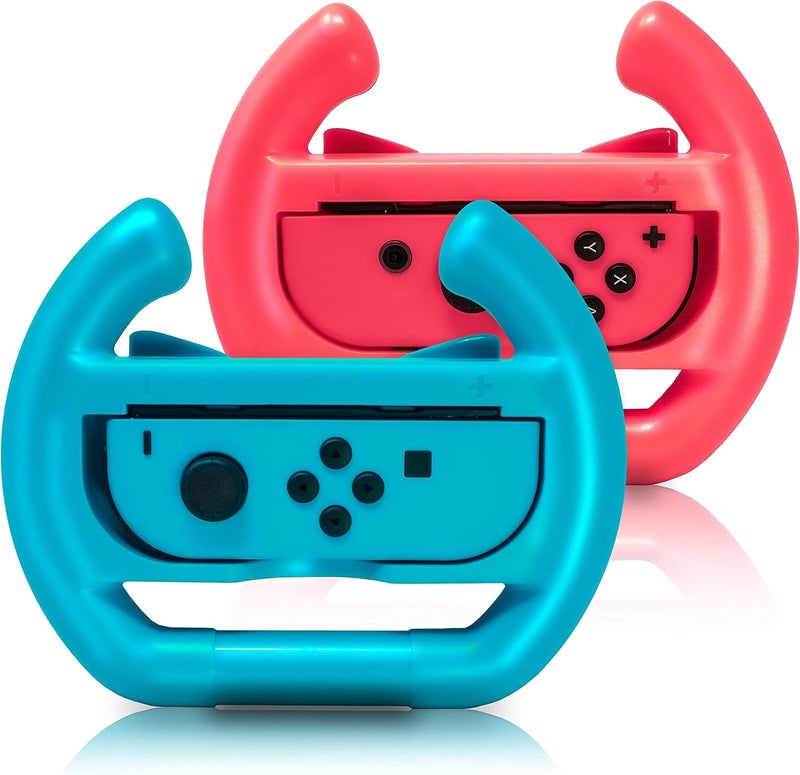 ADZ 2 x Switch Steering Wheel Compatible with Nintendo Switch JoyCon and Mario Kart Switch (Red/Blue) - Image 1