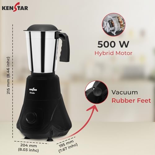 Kenstar SLENDER 3J Mixer Grinder | 3 Multipurpose Jars with High Power Motor | 500 W | Black - Image 5