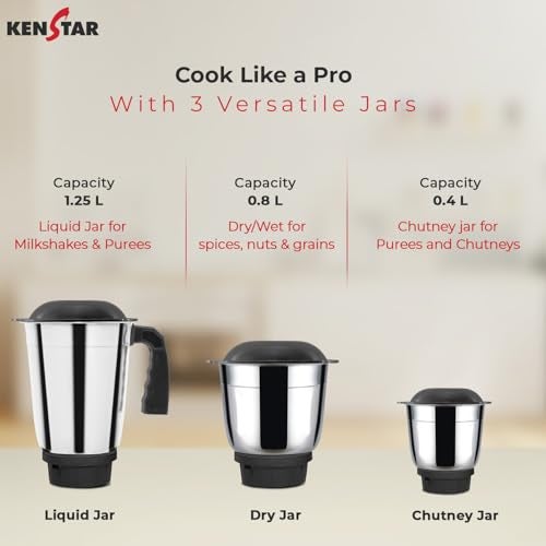 Kenstar SLENDER 3J Mixer Grinder | 3 Multipurpose Jars with High Power Motor | 500 W | Black - Image 4