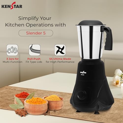 Kenstar SLENDER 3J Mixer Grinder | 3 Multipurpose Jars with High Power Motor | 500 W | Black - Image 2