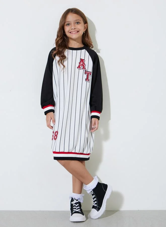 Styli Girls White Striped Contrast Sleeves Regular Fit Midi Dress