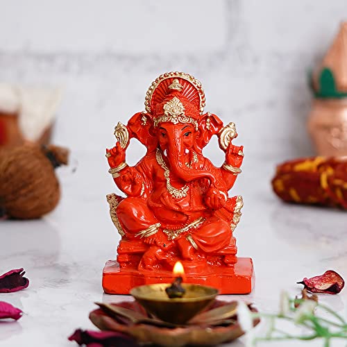 Webelkart Polyresin Ganesha Statue for Car Dashboard Ganesha Murti Ganpati Idol Figurine for Home Temple| Ganesha Idol for Car Dashboard -Ganesha Idol for Home Decor Entrance (4 inches,Orange) - Image 1