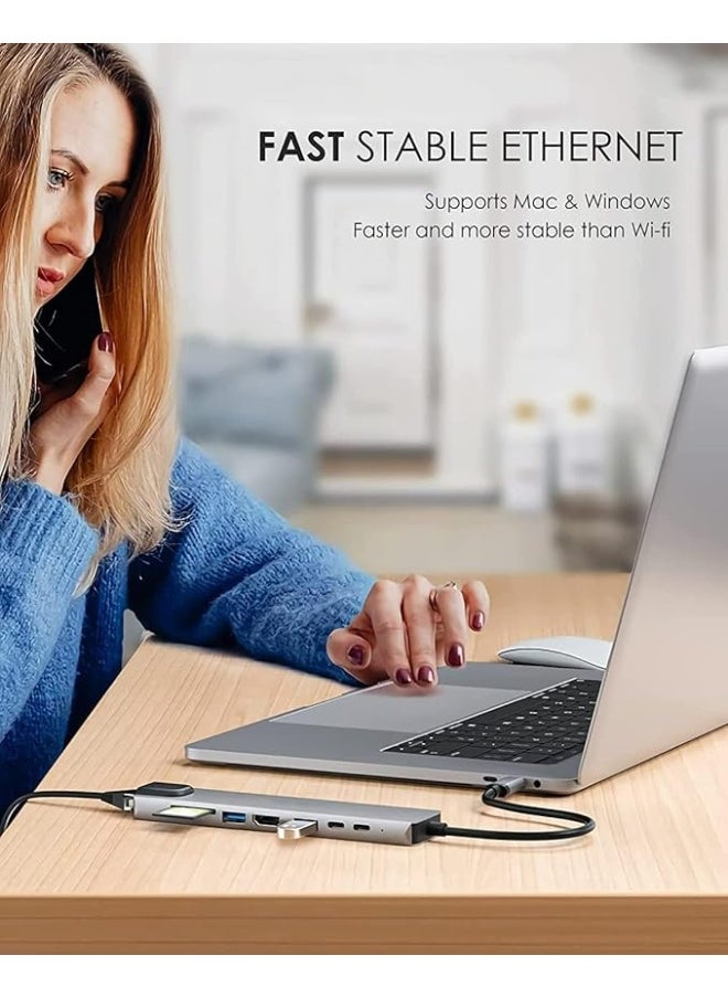 8-in-1 USB-C Multiport Adapter – 4K HDMI, Power Delivery, USB-C, Ethernet, 2 USB Ports, SD/TF Card Reader – Compatible with USB-C Laptops and MacBook Pro