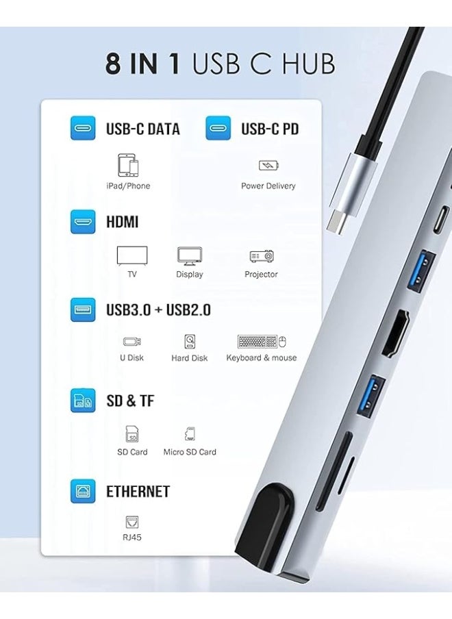8-in-1 USB-C Multiport Adapter – 4K HDMI, Power Delivery, USB-C, Ethernet, 2 USB Ports, SD/TF Card Reader – Compatible with USB-C Laptops and MacBook Pro