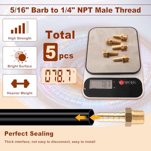Boeray 5pcs Brass Hose Barb Fittings 5/16 Inch Barb to 1/4 Inch NPT Male Thread Air Hose Fittings Adapter Connector Water Fuel Air Line Fittings 5/16” × 1/4” NPT Brass Fittings - Image 5