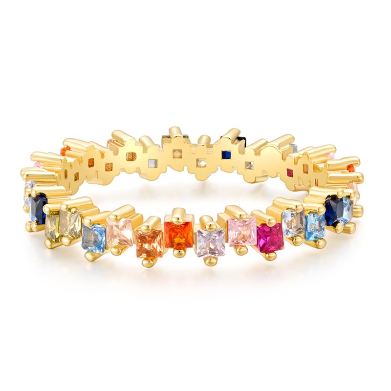SHINYSO Rainbow Eternity Engagement Ring for Women Colorful Baguette Princess Cut Cubic Zirconia CZ Stackable Wedding Band Promise Rings Size 4-11 (Colorful,size 7) - Image 1