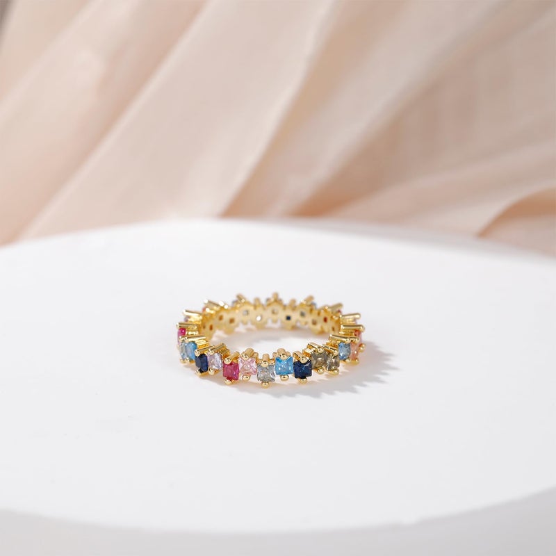 SHINYSO Rainbow Eternity Engagement Ring for Women Colorful Baguette Princess Cut Cubic Zirconia CZ Stackable Wedding Band Promise Rings Size 4-11 (Colorful,size 7) - Image 2