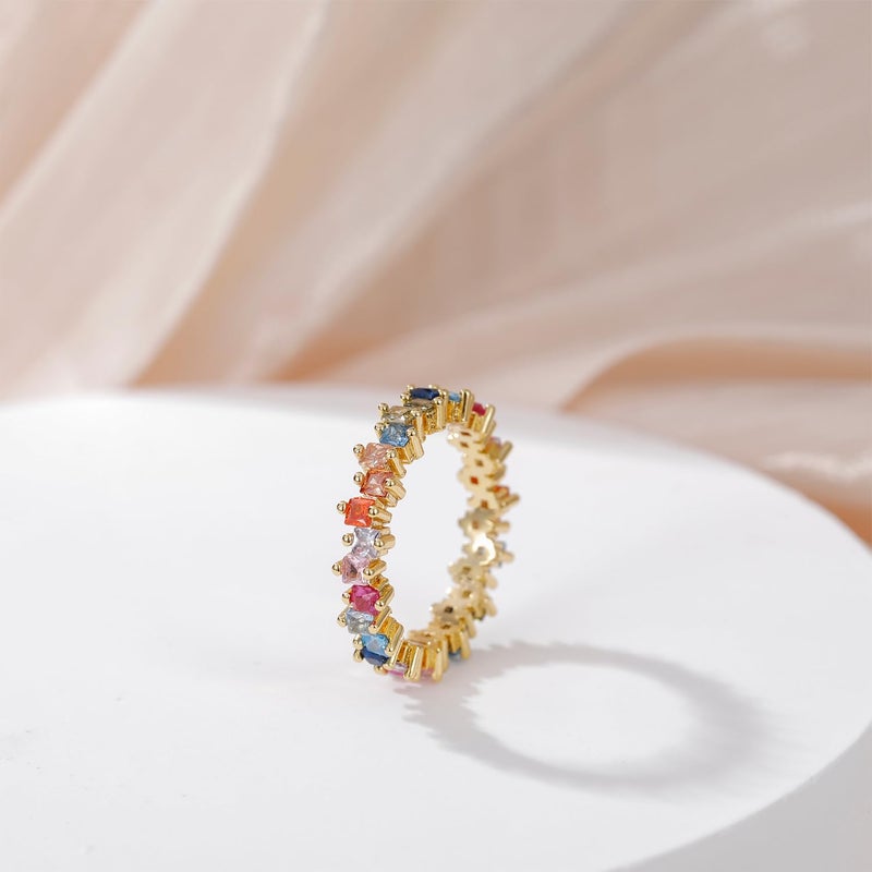 SHINYSO Rainbow Eternity Engagement Ring for Women Colorful Baguette Princess Cut Cubic Zirconia CZ Stackable Wedding Band Promise Rings Size 4-11 (Colorful,size 7) - Image 3