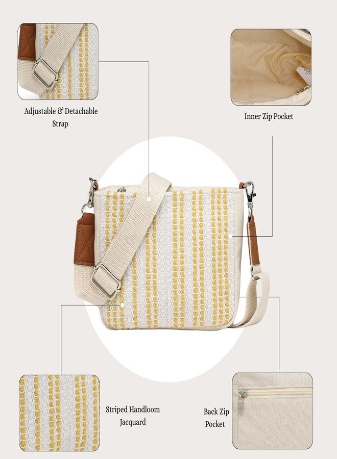 Anekaant Earth Edit Off White Mustard Striped Sling Bag for Girls | Perfect for Travel, Shopping & Everyday Outings - Image 3