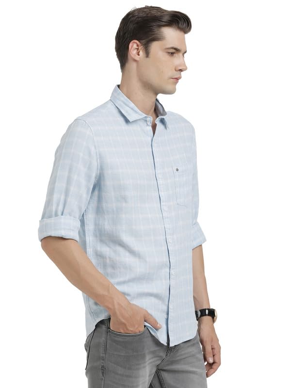 Turtle Men Cotton Linen Light Blue Check Slim Fit Casual Shirt - Image 4