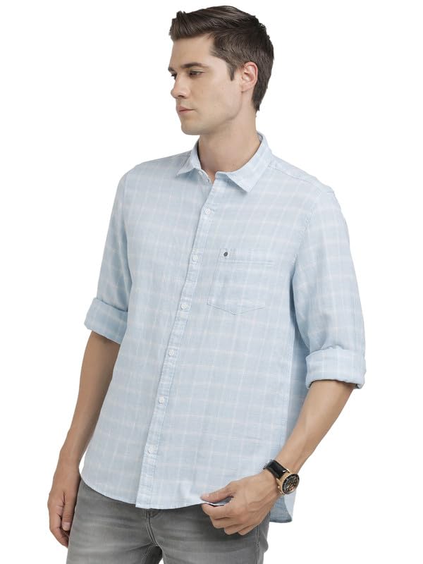 Turtle Men Cotton Linen Light Blue Check Slim Fit Casual Shirt - Image 3