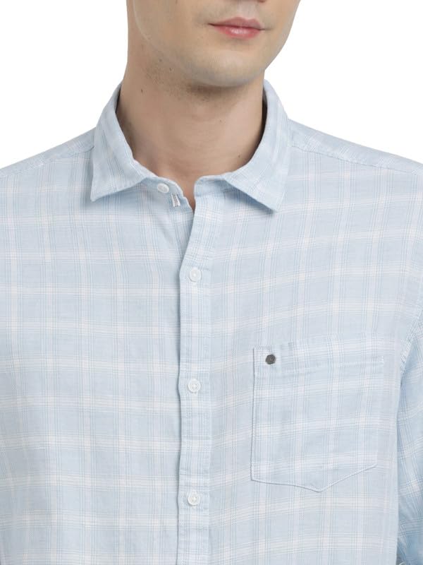 Turtle Men Cotton Linen Light Blue Check Slim Fit Casual Shirt - Image 5