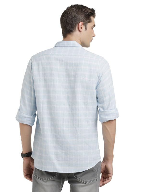 Turtle Men Cotton Linen Light Blue Check Slim Fit Casual Shirt - Image 2