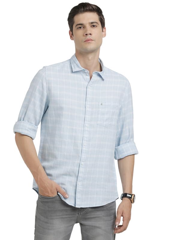 Turtle Men Cotton Linen Light Blue Check Slim Fit Casual Shirt - Image 1