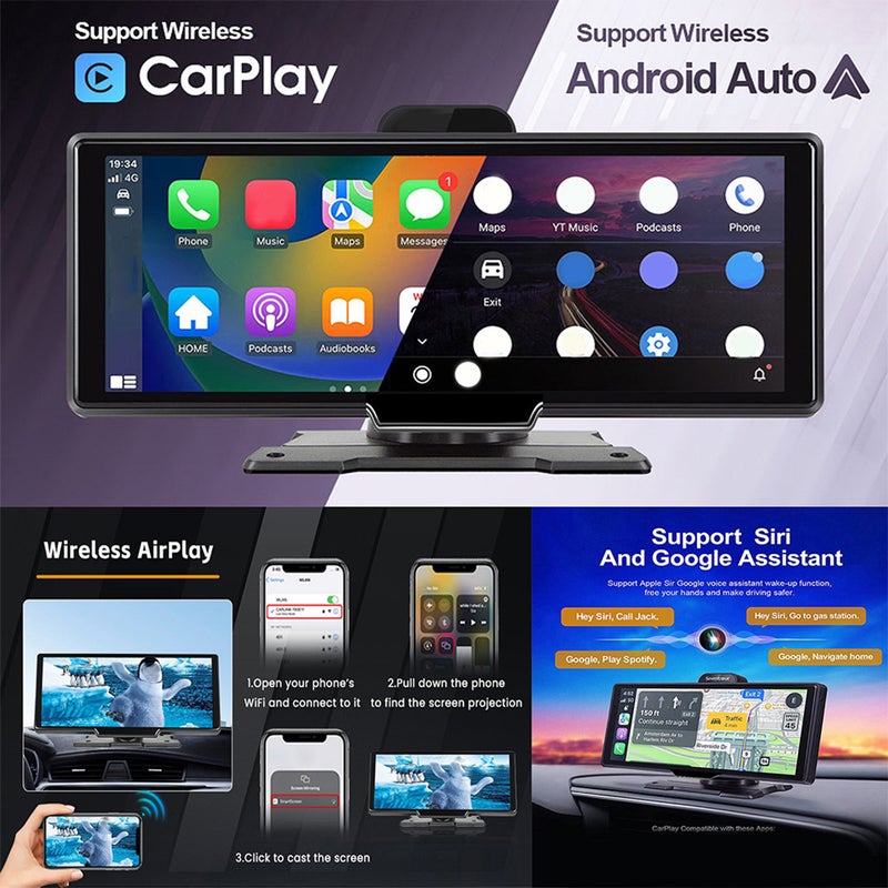 10.26-inch car mounted intelligent portable screen with wireless CarPlay, Android AUTO, 4K front and rear dashcam, 64G card - Image 3
