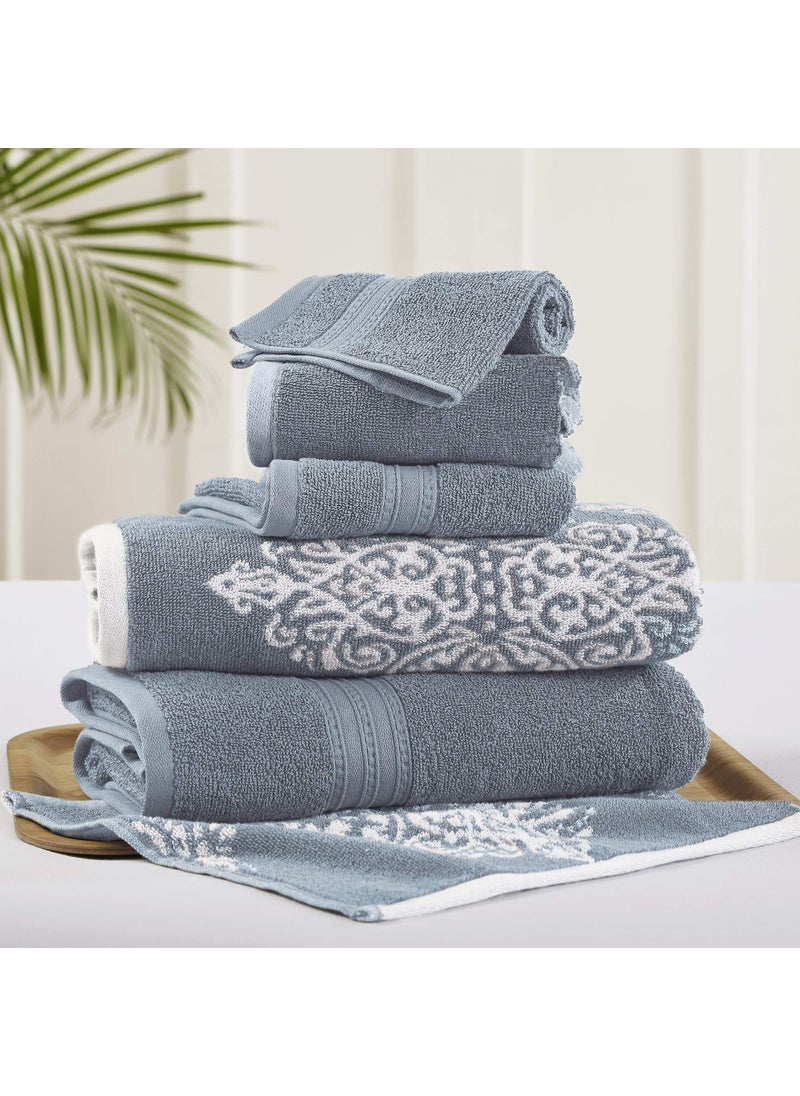 Modern Threads Modern Threads Artesia Damask 6Piece 100 Combed Cotton Reversible Yarn Dyed Jacquard Towel Set Sterling Blue 