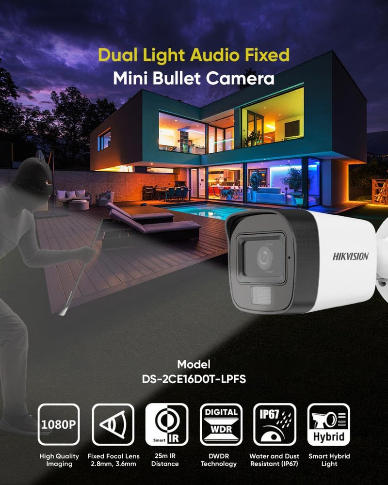 HIKVISION مسجل فيديو رقمي 4 قنوات بدقة عالية كاملة، 2 ميجابكسل كاميرتين (1 خارجية و1 داخلية) [رؤية ليلية ملونة + ميكروفون مدمج + ضوء مزدوج ذكي + كشف الحركة] + 500 جيجابايت HDD + 4 قنوات SMPS، كابل USEWELL + مجموعة BNC/DC، أبيض - Image 2