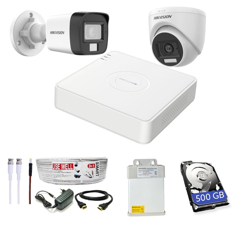HIKVISION مسجل فيديو رقمي 4 قنوات بدقة عالية كاملة، 2 ميجابكسل كاميرتين (1 خارجية و1 داخلية) [رؤية ليلية ملونة + ميكروفون مدمج + ضوء مزدوج ذكي + كشف الحركة] + 500 جيجابايت HDD + 4 قنوات SMPS، كابل USEWELL + مجموعة BNC/DC، أبيض - Image 1