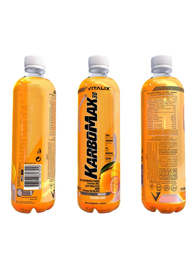 فيتاليكس كاربومكس 30 - مشروب كربوهيدرات سريع يحتوي على 30 جم كربوهيدرات، 1000 مجم كرياتين HCL، 1 جم HMB، 880 مجم إلكتروليتات، فيتامينات ب، بدون سكر، 500 مل (صندوق كامل يحتوي على 12 زجاجة، بنكهة مانجو وباشن فروت) - Image 2