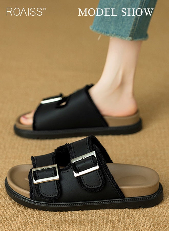 رويس صنادل مسطحة أنيقة للنساء، أحذية شاطئ كاجوال مسطحة، أحذية شاطئ خارجية، أحذية مسطحة مع إبزيم قابل للتعديل وجزء علوي من الجلد المهترئ، باللون الأسود - Image 2