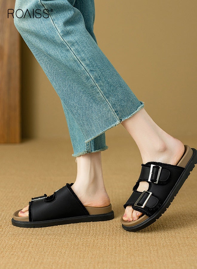 رويس صنادل مسطحة أنيقة للنساء، أحذية شاطئ كاجوال مسطحة، أحذية شاطئ خارجية، أحذية مسطحة مع إبزيم قابل للتعديل وجزء علوي من الجلد المهترئ، باللون الأسود - Image 4