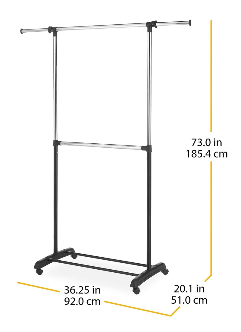 Whitmor Adjustable 2-Rod Garment Rack - Rolling Clothes Organizer - Black and Chrome - Image 3