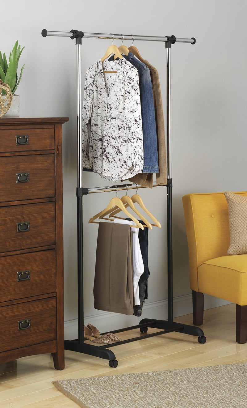 Whitmor Adjustable 2-Rod Garment Rack - Rolling Clothes Organizer - Black and Chrome - Image 2