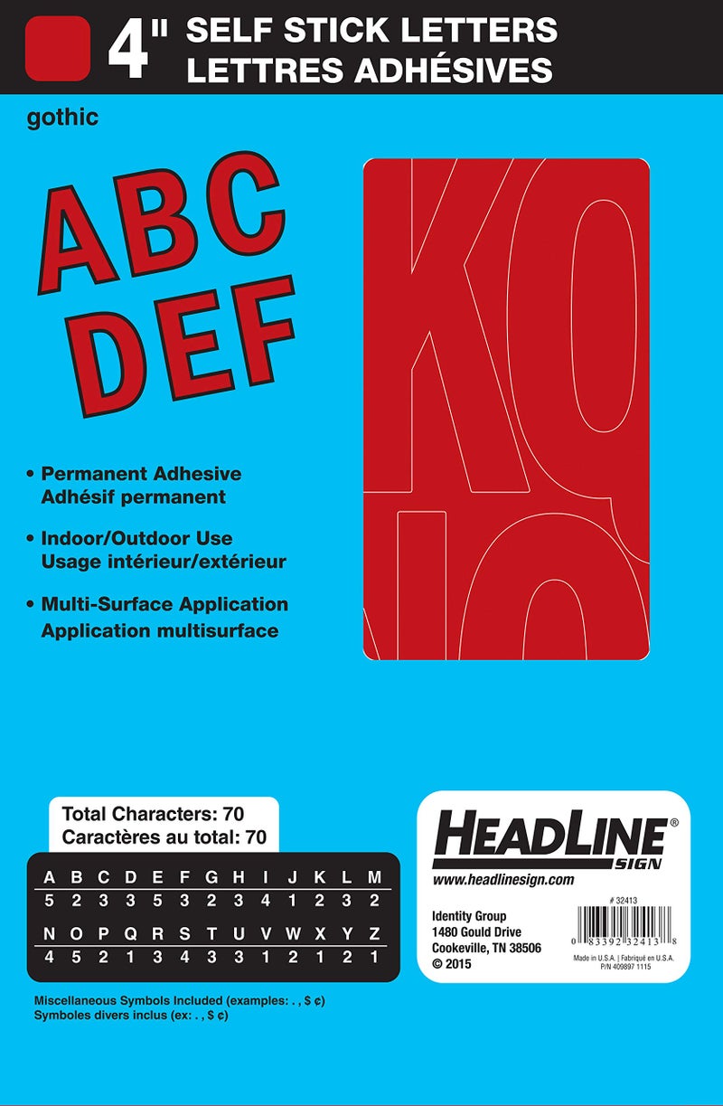 Headline Sign 32413 StickOn Vinyl Letters Red 4Inch Made in USA