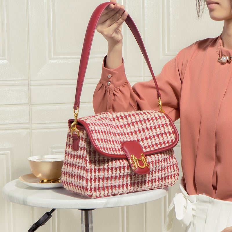 Plaid Red Wedding Bag Houndstooth Commuter Bucket Bag Fashionable All-Match High-End Niche Tote Bag - Image 2