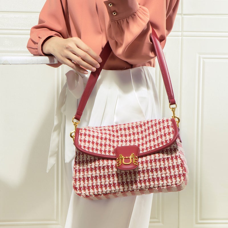 Plaid Red Wedding Bag Houndstooth Commuter Bucket Bag Fashionable All-Match High-End Niche Tote Bag - Image 5