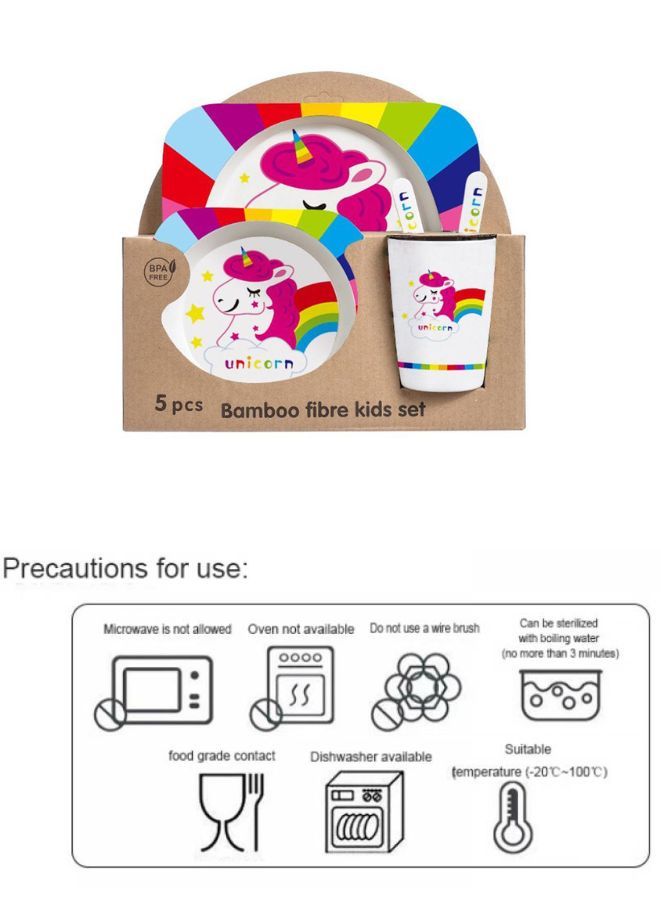 Kids Bamboo Fiber Plate Set – Unicorn Design | 5-Piece Eco-Friendly Tableware for Toddlers & Kids | Non-Toxic Dinner Set with Plate, Bowl, Cup, Fork & Spoon - Image 2