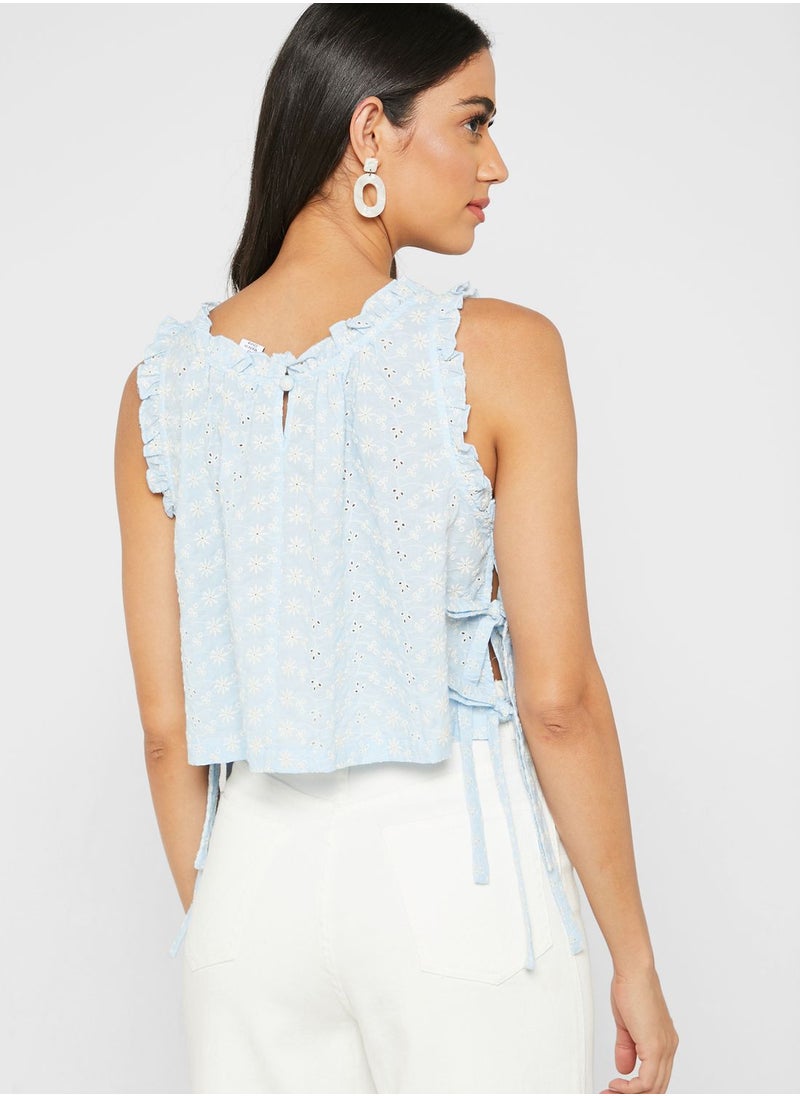 LOST INK - Frill Sleeve Broiderie Drawstring Top - Image 1