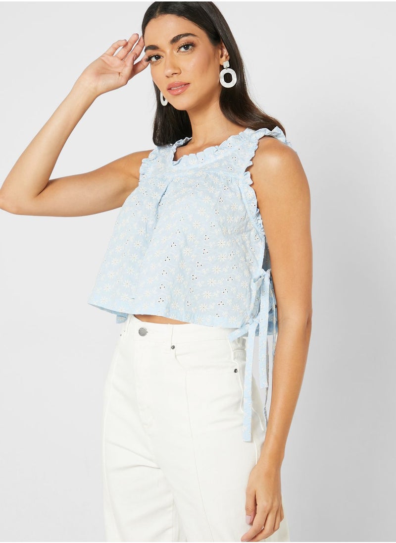LOST INK - Frill Sleeve Broiderie Drawstring Top - Image 1