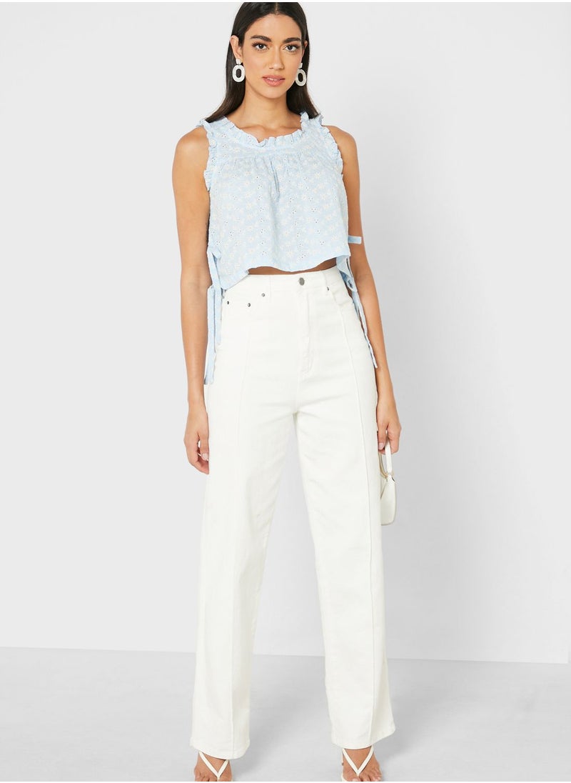 LOST INK - Frill Sleeve Broiderie Drawstring Top - Image 1