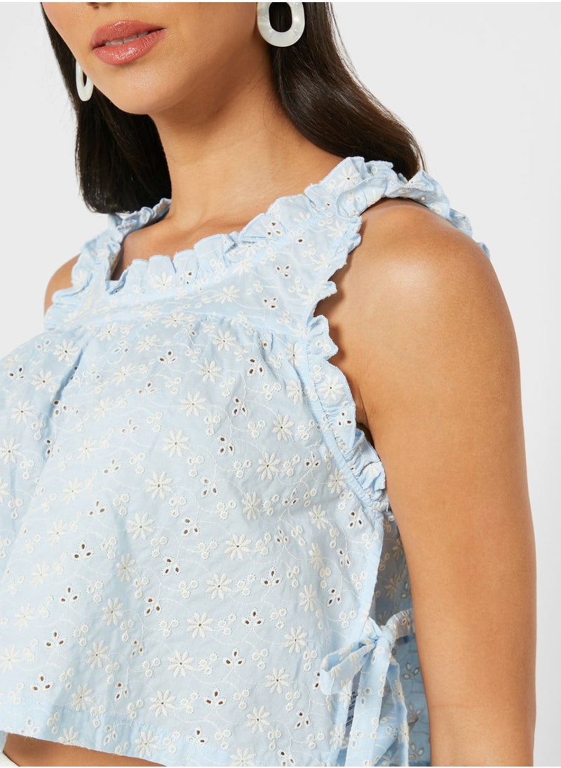 LOST INK - Frill Sleeve Broiderie Drawstring Top - Image 1