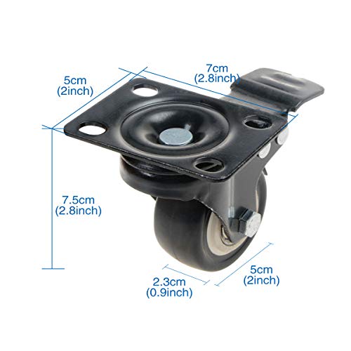 Saim Caster Wheels 2" Heavy Duty PU Rubber Shopping Cart Wheel Trolley Swivel Caster Wheels with 360 Degree Top Plate & Bearing 440lb Total Capacity for Set of 4 (2 with Brakes& 2 Without) Black - Image 2