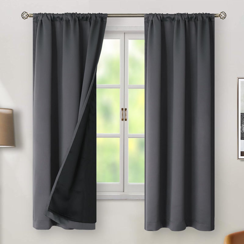 BGment بجلات رمادية داكنة 100 ٪ ستائر تعتيم 63 بوصات مع جيب قضيب البطانة المعزول الحراري وعلامة التبويب الخلفية طبقة مزدوجة الغرفة الكاملة ستارة نافذة غامق لغرفة النوم 2 لوحات كل 38 × 63 بوصة - Image 2