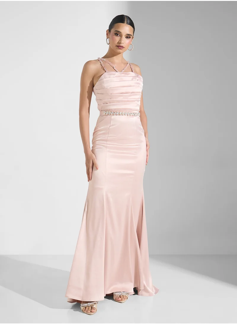 Namshi x Crystal Strap Detail Draped A Line Dress With Belt