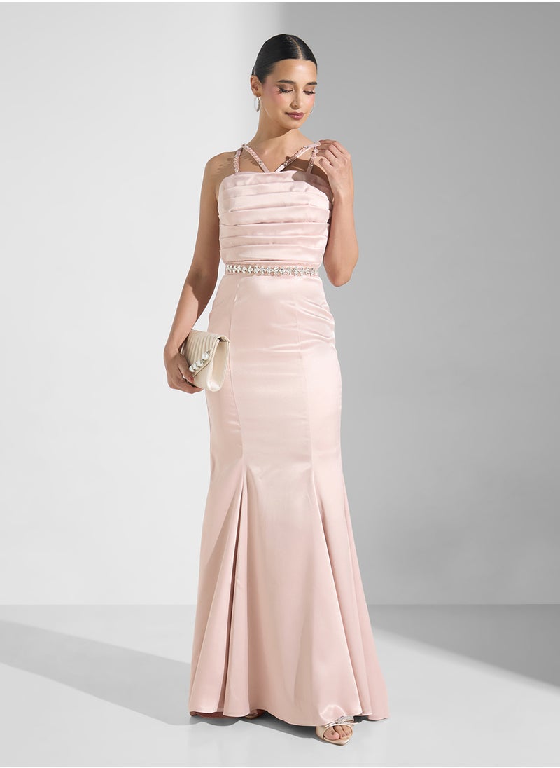 Namshi x Crystal Strap Detail Draped A Line Dress With Belt  - Image 4
