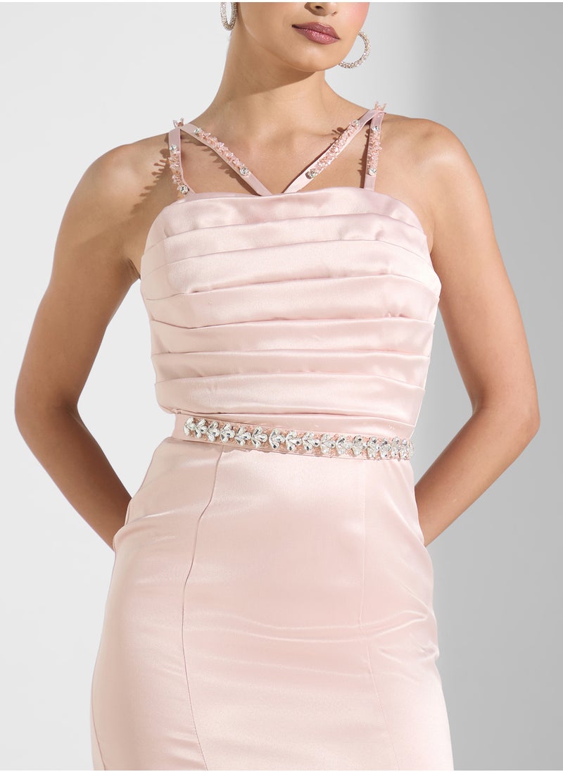 Namshi x Crystal Strap Detail Draped A Line Dress With Belt  - Image 3