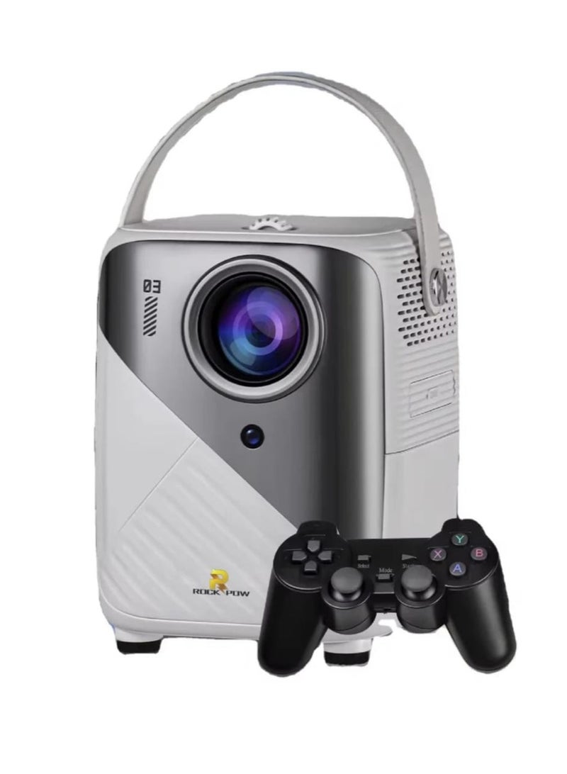 Rock Pow Projector with 2 Wireless Controllers, 4K Ultra HD Support, 1080P, Android 9.0, WiFi, HDMI/USB – White - Image 1
