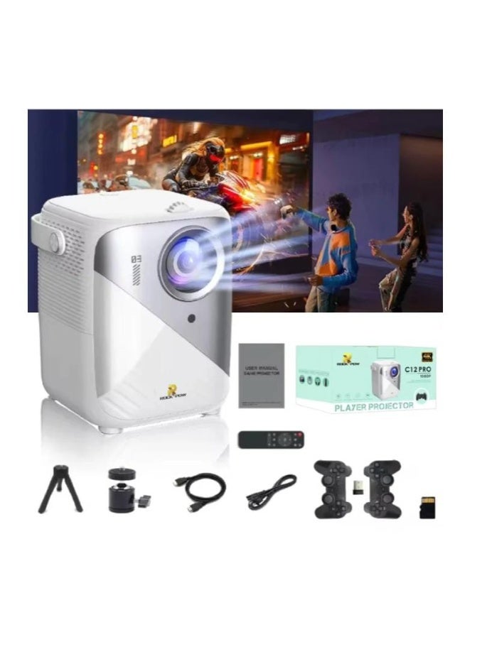 Rock Pow Projector with 2 Wireless Controllers, 4K Ultra HD Support, 1080P, Android 9.0, WiFi, HDMI/USB – White - Image 2