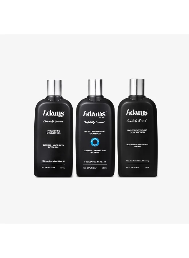 ADAMS Hair Strengthening Shampoo - 250ml & Hair Strengthening Conditioner - 250ml & Invigorating Shower Gel - 250ml Bundle.