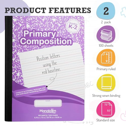 Manaloom Primary Composition Notebooks K-2-2 Pack, 200 Pages (100 Sheets) Primary Composition Notebook for Kids - 9-3/4 x 7-1/2 - Primary Ruled, 2 Pack - Image 2