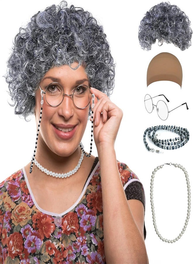Old Lady Wig Costume Set Gray Hair Grandma Wig Granny Costume Wig with Wig Cap Glasses Glasses Chain and Pearl Necklace Perfect for 100 Days of School Costume 