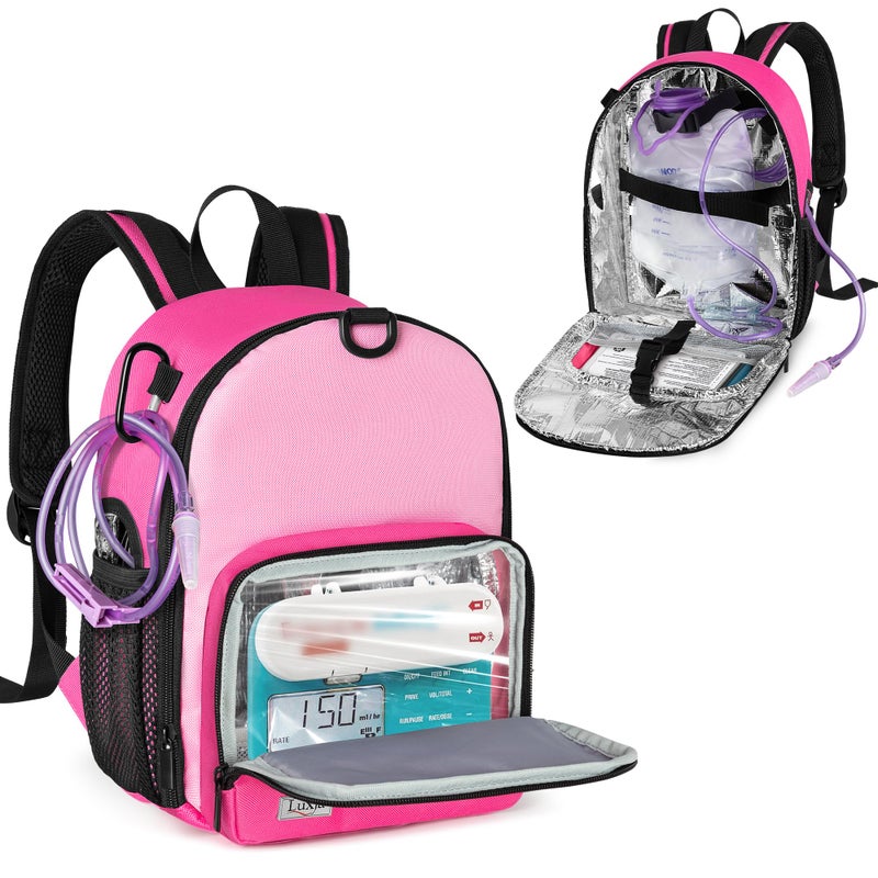 حقيبة ظهر لوجبة التغذية من LUXJA تناسب كيس 500 مل ومضخة التغذية المعوية متوافقة مع كيس التغذية EnteraLite Infinity و Kangaroo Joey لكيس G Tube و J Tube و GJ Tube باللون الأحمر الوردي