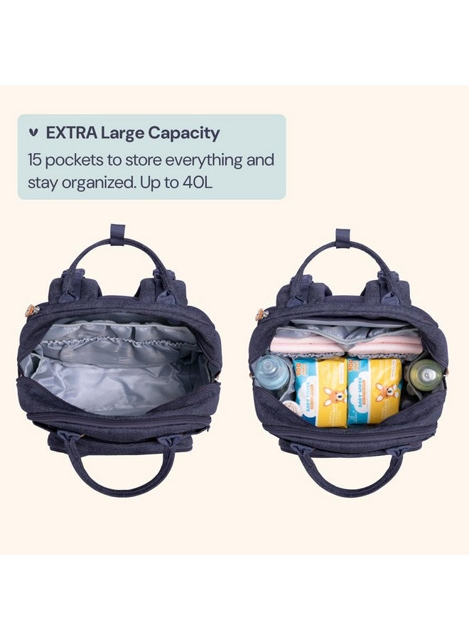 BabbleRoo BabbleRoo Extra Large Diaper Bag Backpack, Expandable Baby Bag with Up to 50% More Capacity - Travel Essentials Baby Bag Tote with Changing Pad, Stroller Straps & Pacifier Case - Unisex, Denim Blue  - Image 1